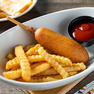 Kids Corn Dog: All of your hot dog goodness on a stick. Served with fries.